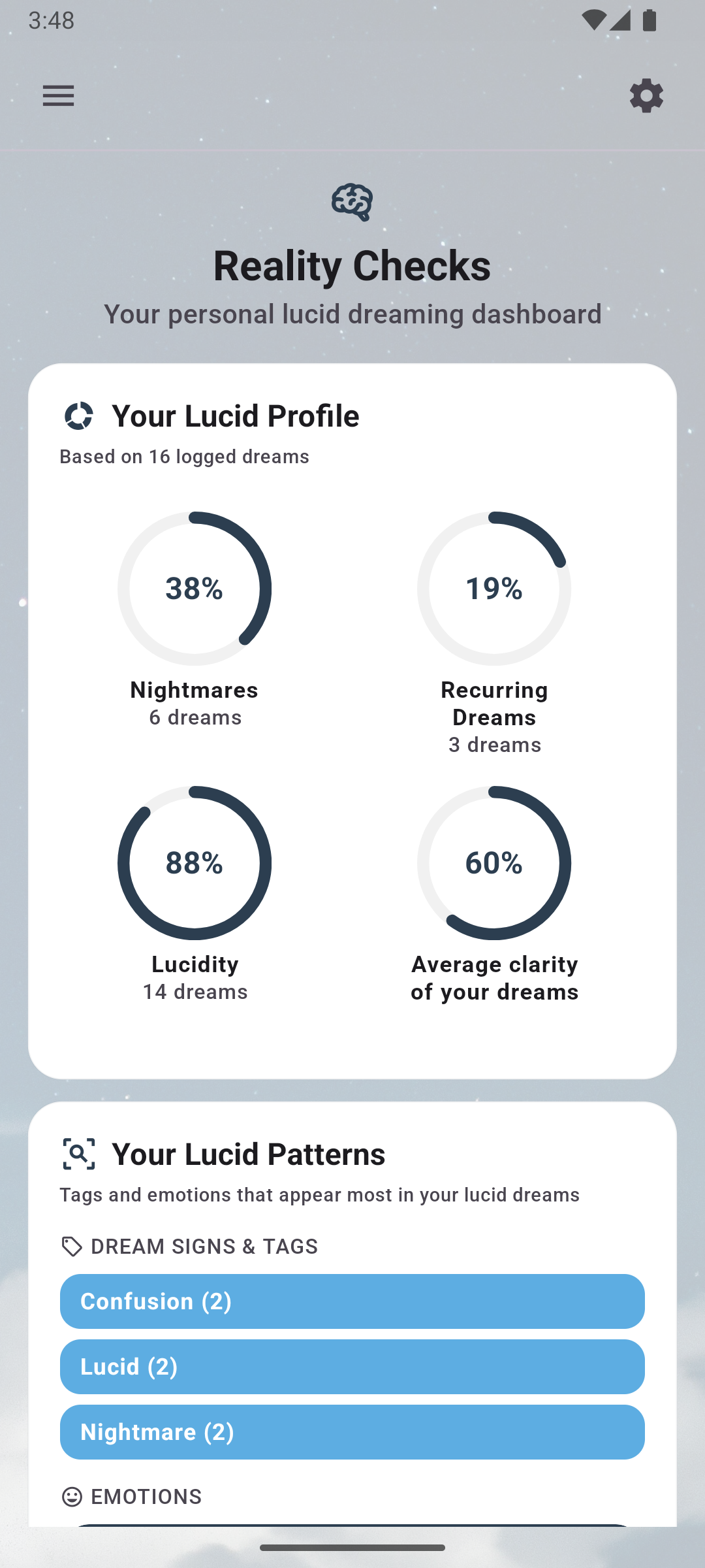Lucid dream entry with tags and emotions